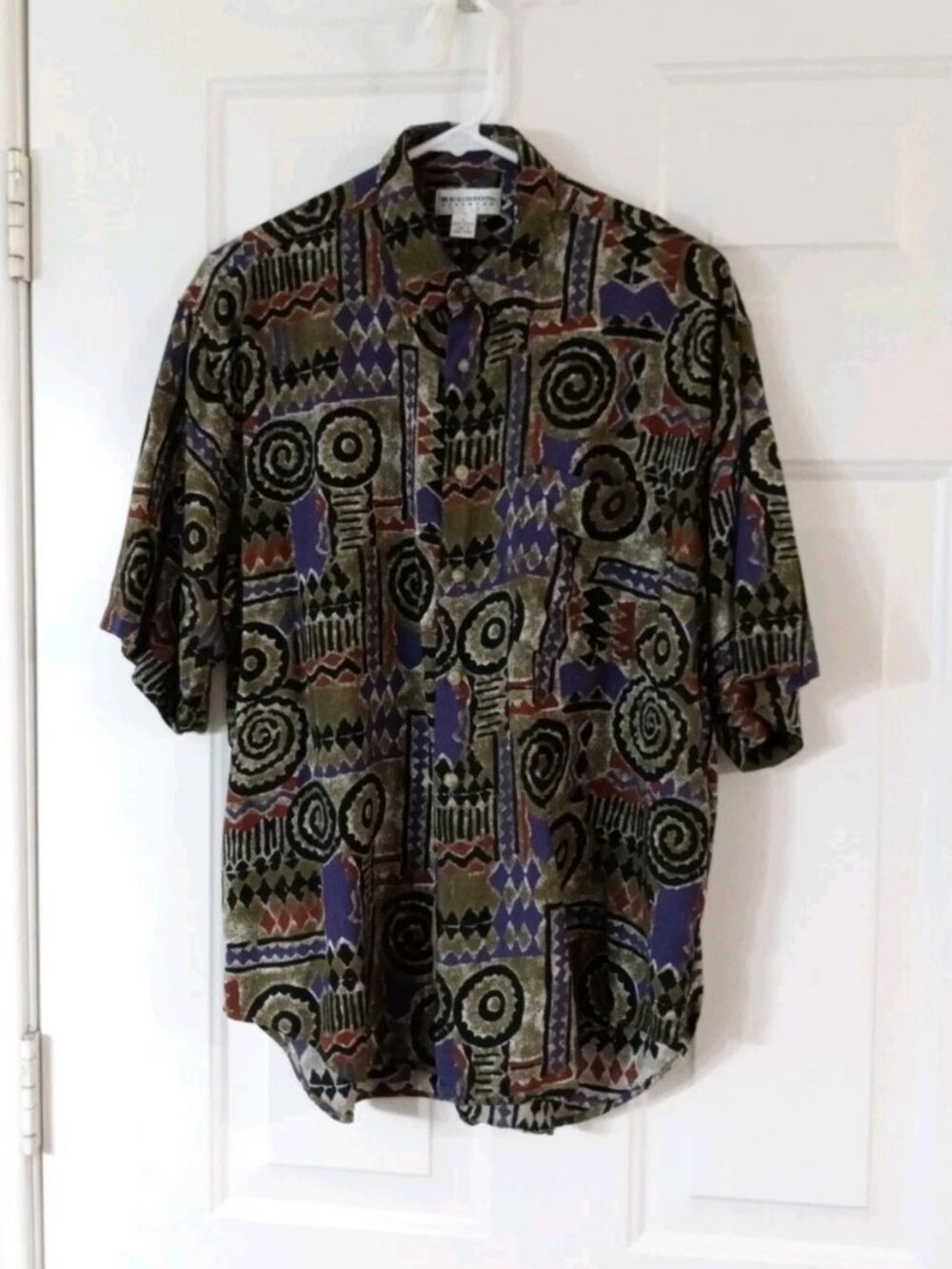 Vintage Reunion Menswear Shirt Button Up Tribal Abstract Rayon 90s Men's Large